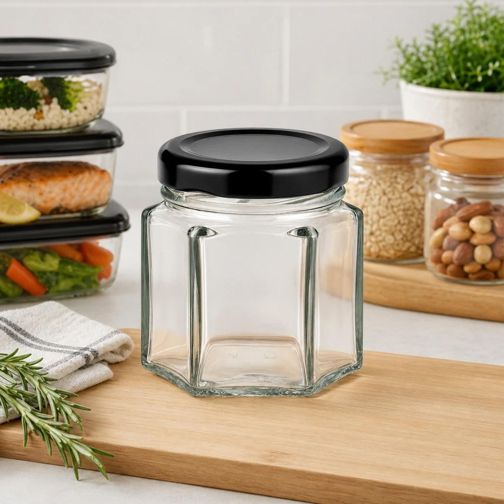 47 ml hexa-krukke med BasicSeal-låg sort UNiTWIST 47 ml tom hexa-krukke med sort BasicSeal-låg i et moderne køkken ved siden af opbevaringskrukker og måltidskasser