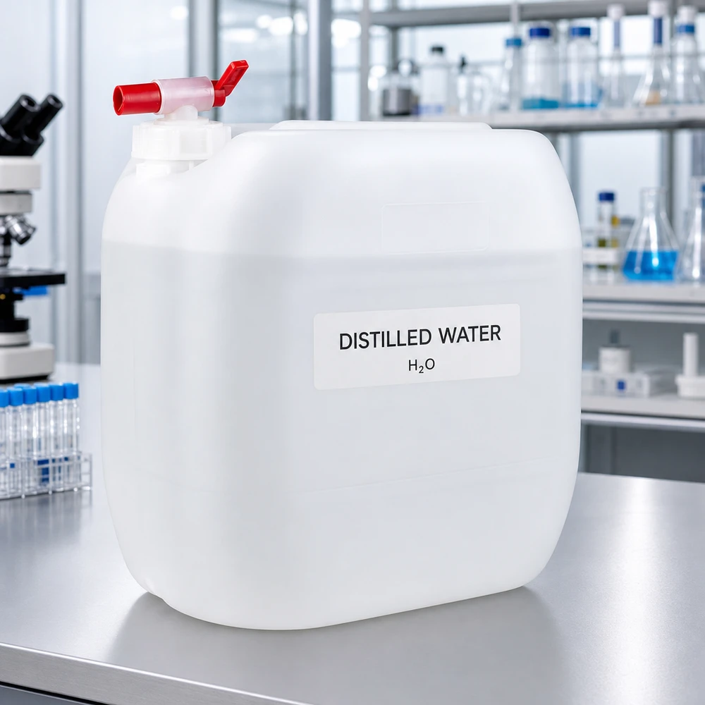 Beholder 30 liter med aftapningshane 30-liters dunk med rødt tappehåndtag og etiketten »Destilleret vand« i laboratoriemiljøet
