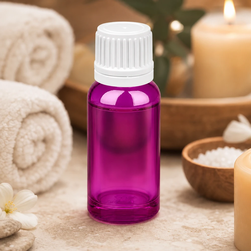 20 ml flaske 11 mm skruelåg hvid Originality skruelåg PurpleLine UT18/20 20 ml glasflaske af høj kvalitet i Purple Line-design med UV-beskyttelse til lysfølsomme stoffer
