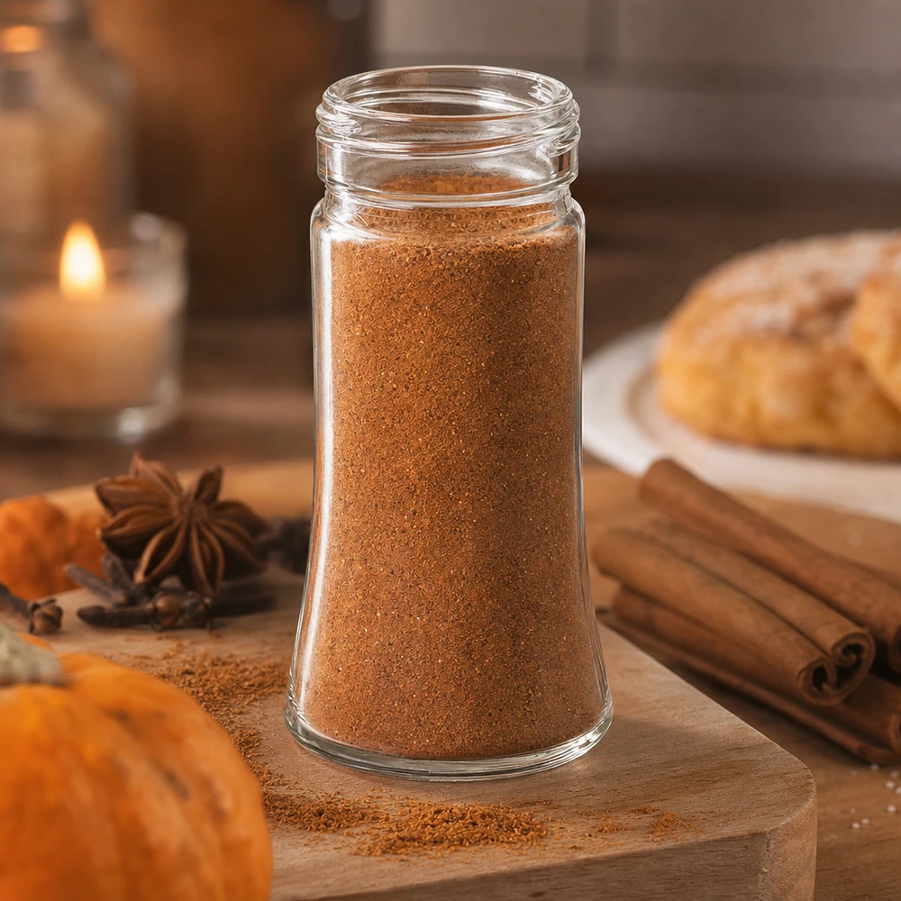 Salt/krydderikrukke Bobby 95 ml, gevind 41 mm klart glas - matchende låg med 41 mm gevind kan bestilles separat. Krydderiglas Bobby 95 ml fyldt med græskarkrydderi ved siden af kanelstænger og stjerneanis
