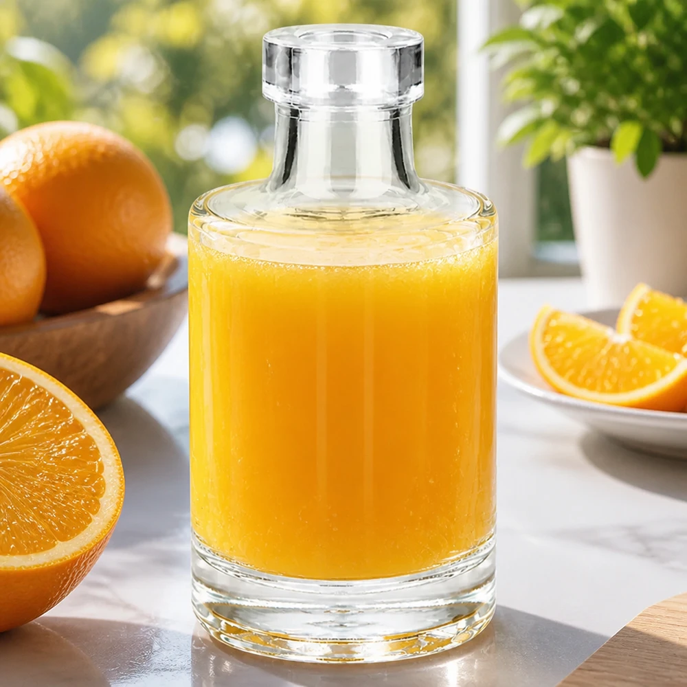 100 ml glasflaske »Marie« uden lukning UNiTWIST® 100 ml glasflaske Marie fyldt med appelsinjuice omgivet af friske appelsiner og appelsinskiver på et marmorbord