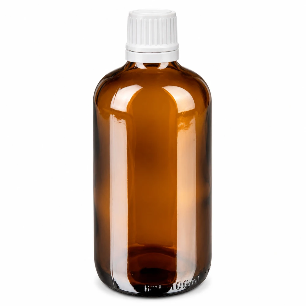 100 ml brun apotekerdråbeflaske af brunt glas med hvid OV-prop og 0,7 mm dråbetæller
