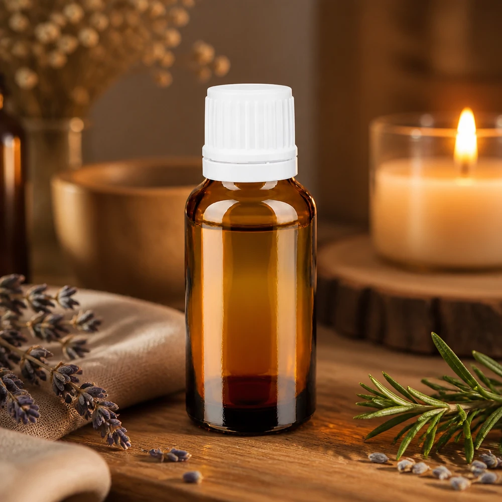 Lille 20 ml brun glasflaske med hvid dråbeflaske, omgivet af lavendel og rosmarin