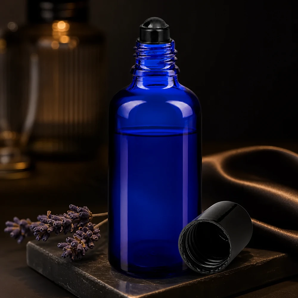 Apoteksflaske blå 50 ml roll-on-hætte sort 50 ml roll-on-flaske i koboltblåt UV-beskyttende glas med sort kugleapplikator og lavendel-dekoration