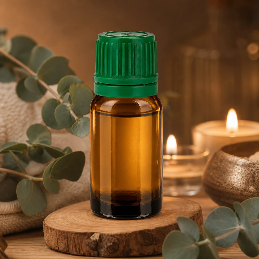 10 ml flaske 11 mm SV grøn OV BrownLine UT18/10 Lille 10 ml glasflaske i ravbrun med grøn hætte til aromaterapi og wellness