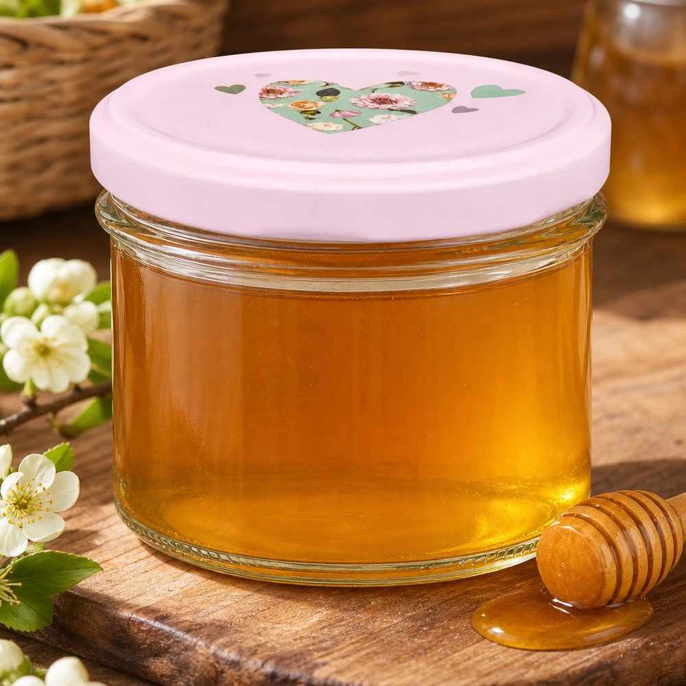 225 ml glas med skrå kant + BasicSeal låg, hjerteformet, rosa UNiTWIST Gylden honning i en 225 ml murerbalje med et pink BasicSeal hjerteformet låg på en træplade med en honningske og blomster.