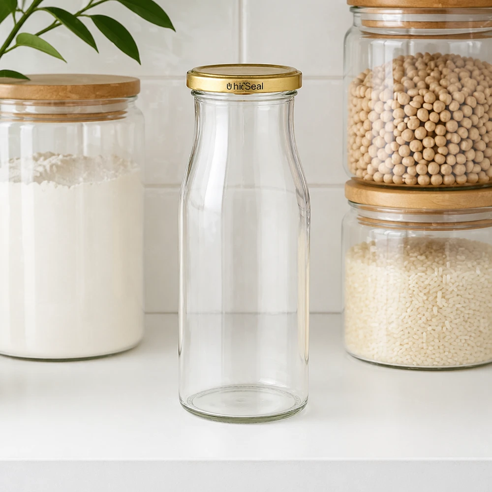 UNiTWIST Bottle150 med guld. Låg TO43 BioSeal Tom UNiTWIST-glasflaske 150 ml med gyldent BioSeal-låg i køkkenet mellem opbevaringsglas med madvarer