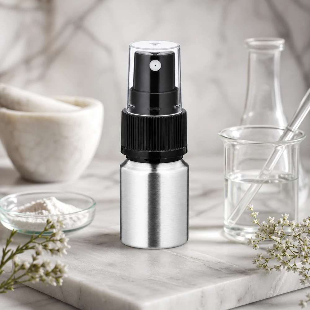 10 ml flaske i poleret aluminium med forstøver Mat sølvfarvet 10 ml aluminiumsflaske med sort forstøver - elegant poleret overflade til parfume