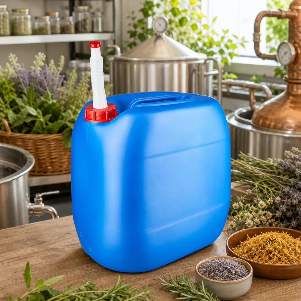 30 liters blå dunk med fleksibelt udløbsrør Blå plastdunk på 30 liter med udløbsrør ved siden af destillationsanlægget og friske urter