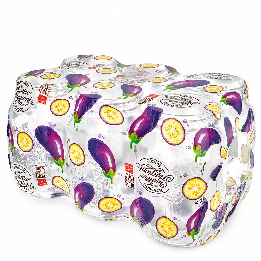 1000 ml husholdningsglas "Quattro Stagioni" Quattro Stagioni husholdningsglas 1000 ml med auberginedekoration i en praktisk pakke med fire til konservering og opbevaring