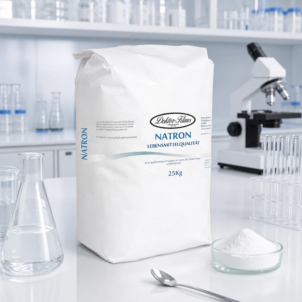 25 kg pose bagepulver (natriumhydrogencarbonat) Hvid 25 kg papirpose med bagepulver i et laboratoriemiljø til professionelle kemiske anvendelser