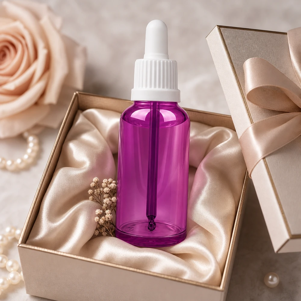 50 ml pipetteflaske hvid Originality skruelåg PurpleLine UT18/50 50 ml kosmetikflaske af højkvalitetsglas med pipette til serum og ansigtsolier