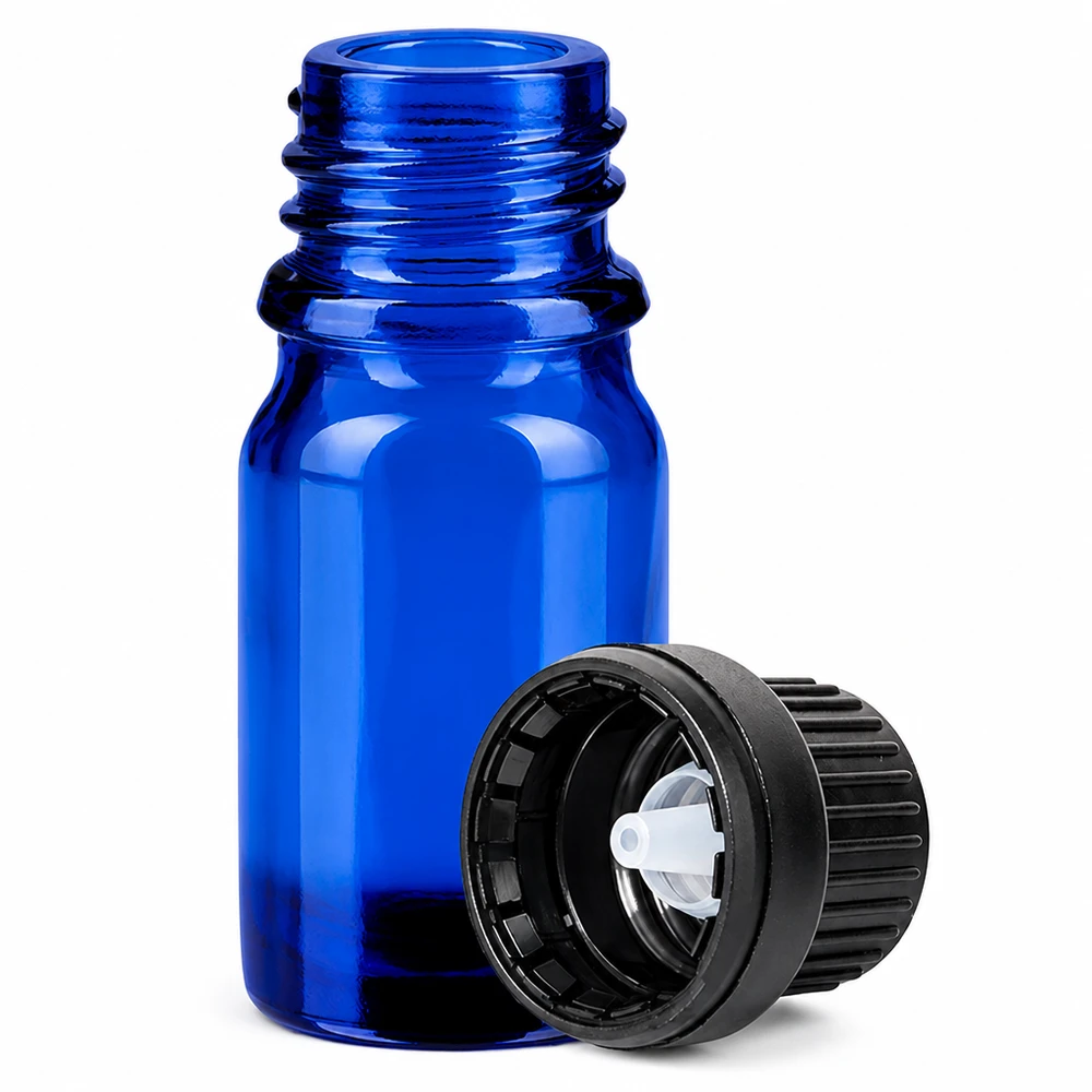 5ml Dropperflaske 2mm sort OV BlueLine UT18/5 5 ml dråbeflaske af blåt glas med 2 mm dråbeåbning OV BlueLine UT18 til præcis dosering