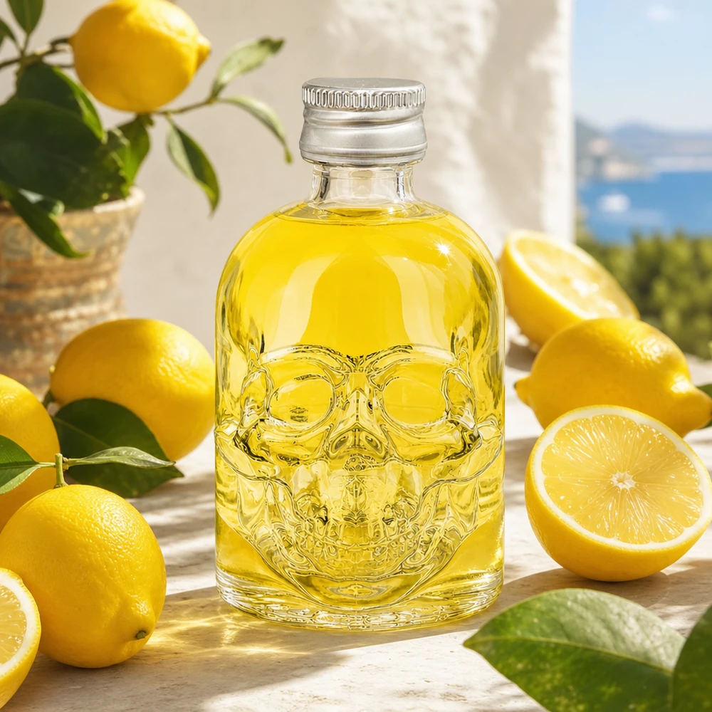 50 ml glasflaske »Hector« og skruelåg sølv UNiTWIST® 50 ml glasflaske Hector i kranieform med gult indhold dekoreret mellem friske citroner på et træbord