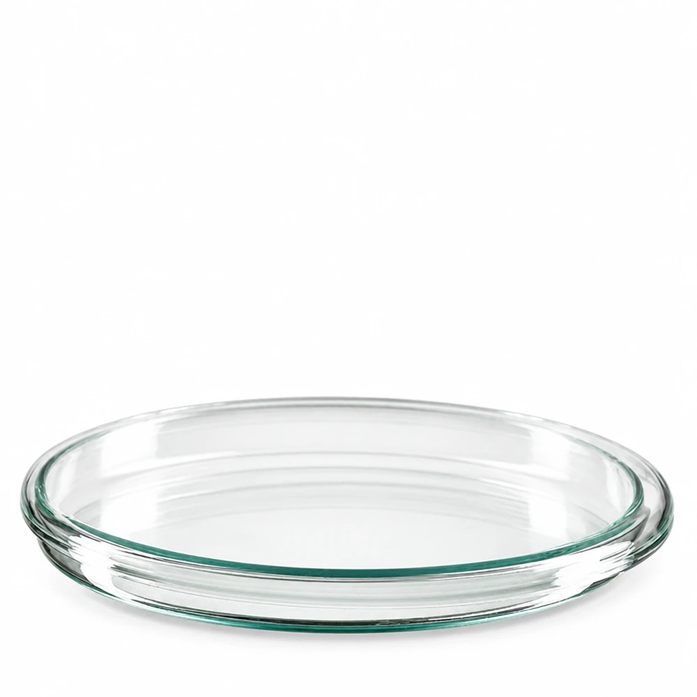 Rund glas-petriskål, 100 mm i diameter, 10 mm høj, flad udformning