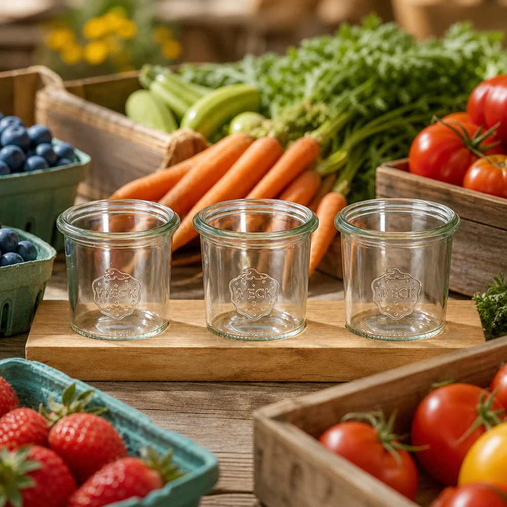 Serveringsbræt Plano3 med 3 Weck-glas med skruelåg, 140 ml WECK glas 140 ml på serveringsbræt Plano3 dekoreret mellem friske markedsgrøntsager tomater gulerødder og bær