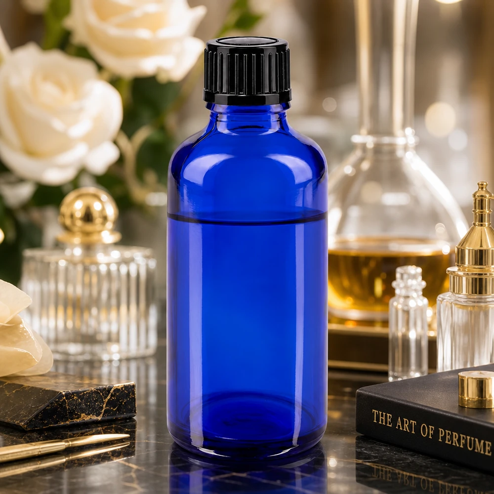 Blå glasflaske på 50 ml med sort standardprop på et marmorbord i en parfume-opsætning