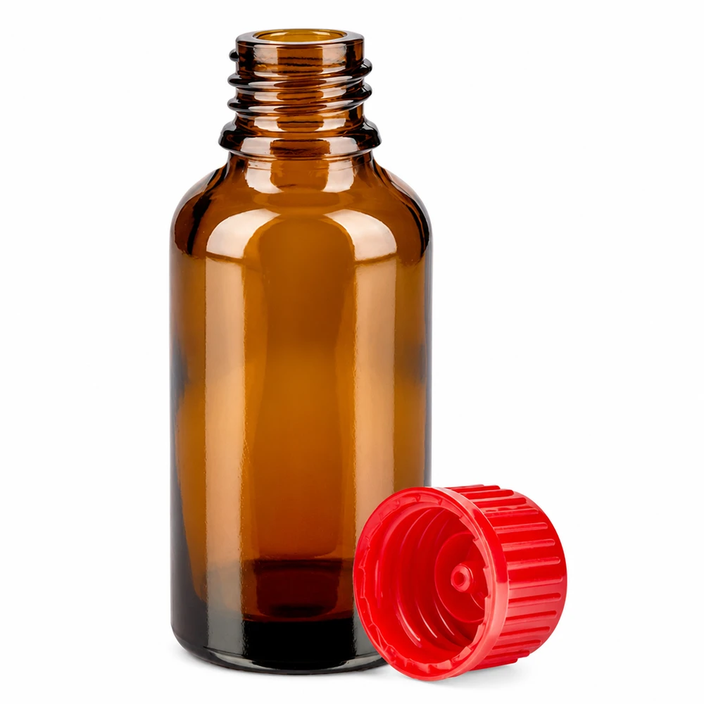 30 ml flaske 11 mm SV rød STD BrownLine UT18/30 Kompakt 30 ml apotekerflaske lavet af ravfarvet glas med UV-beskyttelse og rød hætte