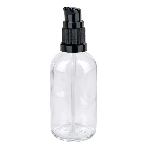 100 ml pumpeflaske sort STD ClearLine UT18/100 100 ml glasflaske med sort pumpe, ClearLine-serien, gennemsigtig apotekerflaske