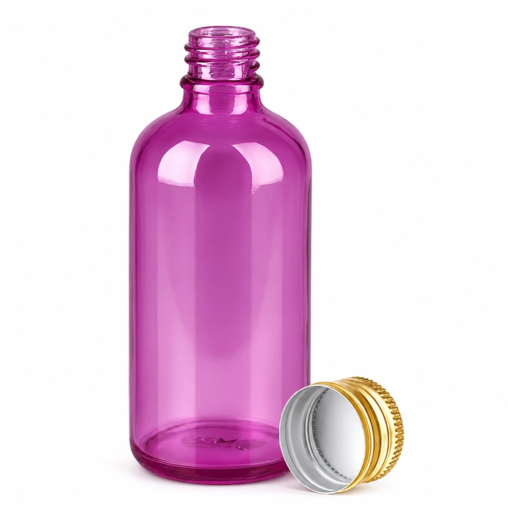 100 ml flaske 11 mm skruelåg aluminium guld standard PurpleLine. UT18/100 100 ml lilla glasflaske med skruelåg af aluminium til æteriske olier og tinkturer