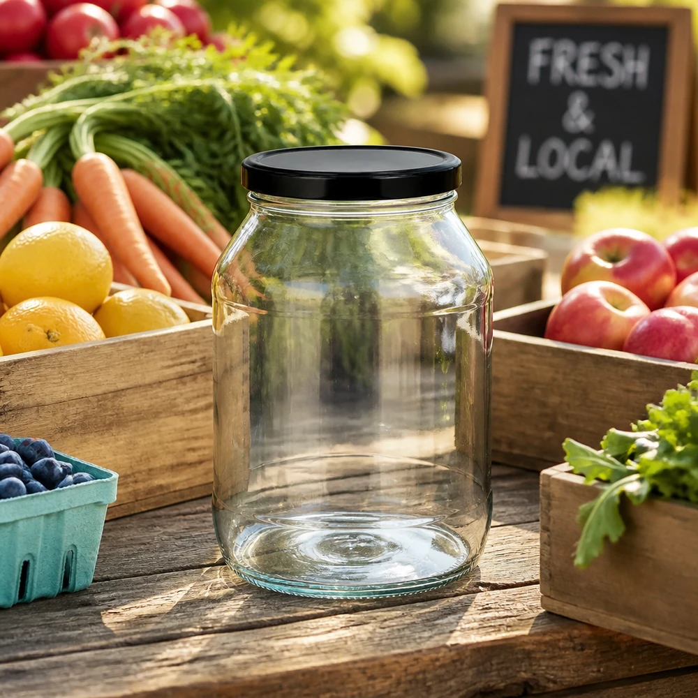 2650 ml rund krukke med BasicSeal-låg sort UNiTWIST Leeres 2650ml Rundglas mit schwarzem Deckel zwischen frischem Obst und Gemüse auf Holztisch im Farmers Market Stil