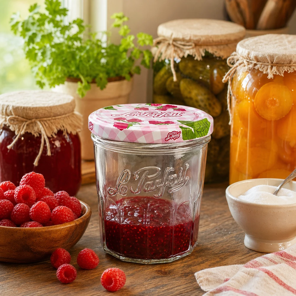 Le Parfait® Jam 324 ml Ø82 mm syltetøjsglas Le Parfait 324 ml syltetøjsglas med hindbærmarmelade i et rustikt køkken sammen med andre syltetøjsglas og krydderurter