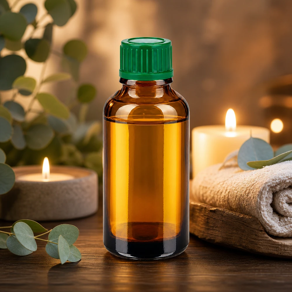 30 ml flaske 11 mm SV grøn STD BrownLine UT18/30 Lille 30 ml glasflaske i brun med grønt låg, ideel til aromaterapi og kosmetik