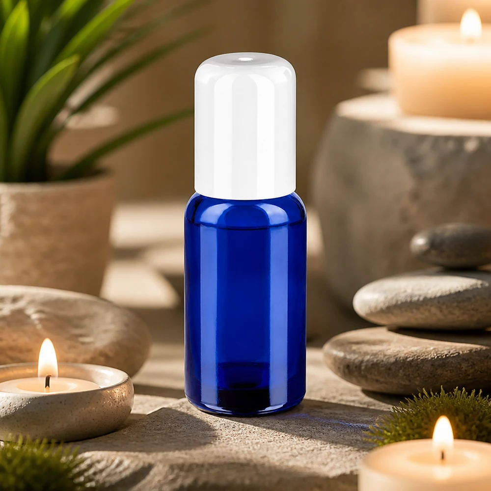 Kompakt 20 ml roll-on-flaske med hvid hætte til mobil aromaterapi og wellness