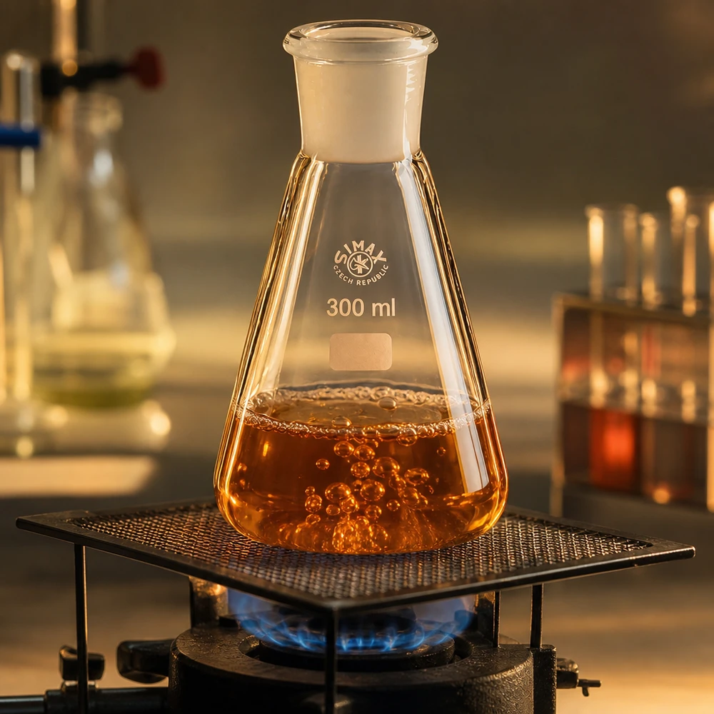 Erlenmeyer-kolbe 300 ml med standard slebet led (29/32) Erlenmeyer-kolbe 300 ml med standardslibning 29/32 opvarmet på gasbrænder med orange væske