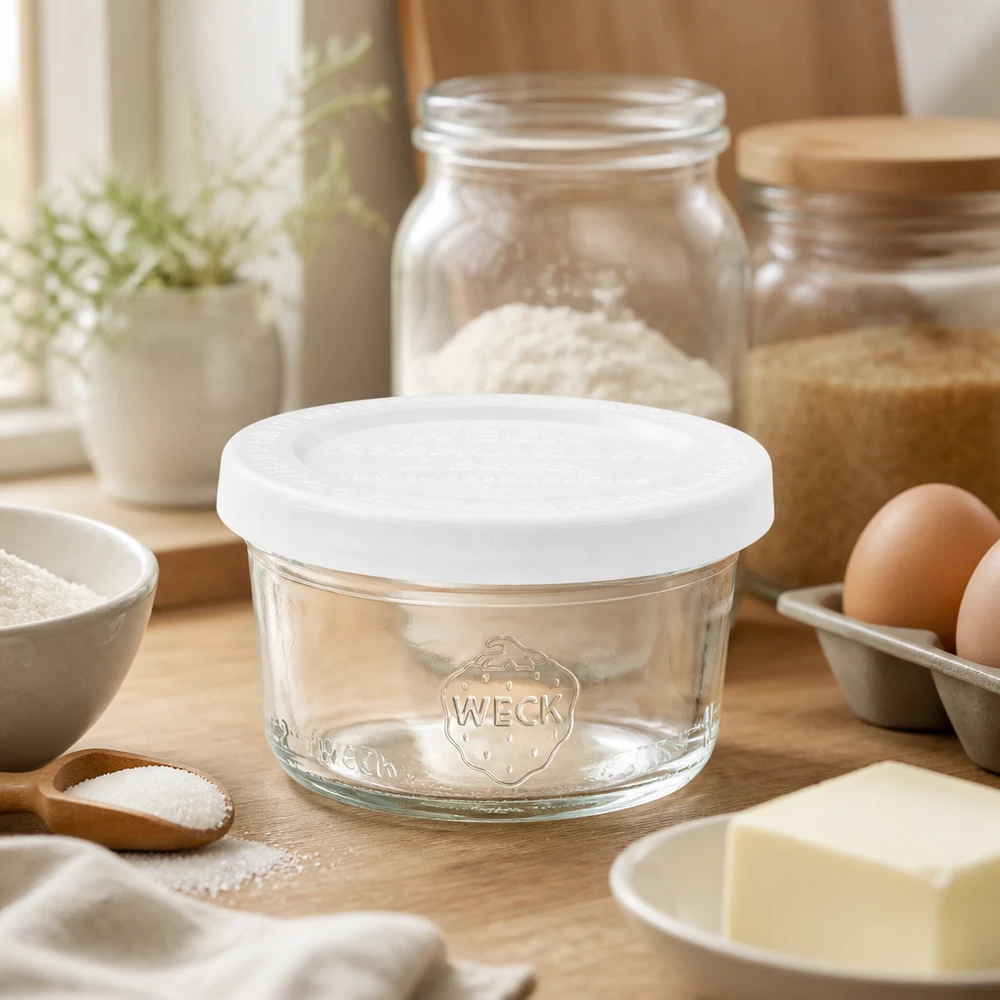 50 ml Briller med friskhedslåg WECK RR60 50 ml WECK RR60-glas med frisk låg i et rustikt køkken mellem bageingredienser, mel, æg og træredskaber