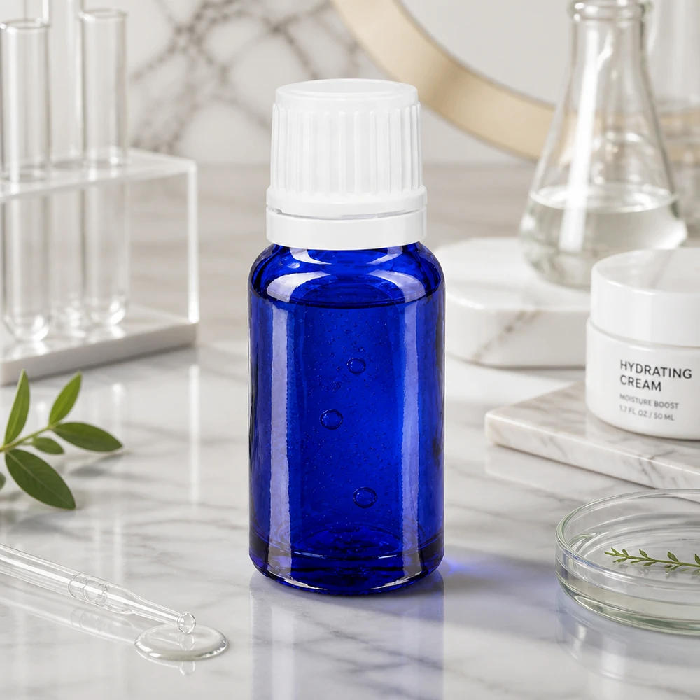 Solcremeflaske, 10 ml, blå med hvid skruelåg, på marmor ved siden af laboratorieglas