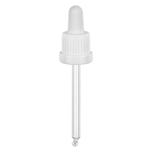 Pipettehætte hvid DIN18, 78 mm pipettelængde med tamper-evident ring. Alkoholtæt. Til ApoGlas® 30 ml brun høj, blå, klar (+++); 50 ml klar (++) med 18 mm gevind.