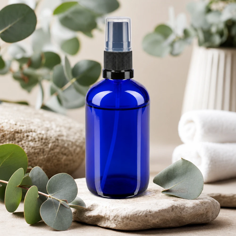 Koboltblå 100 ml glasflaske med sort pumpespray på natursten med eukalyptusgrene