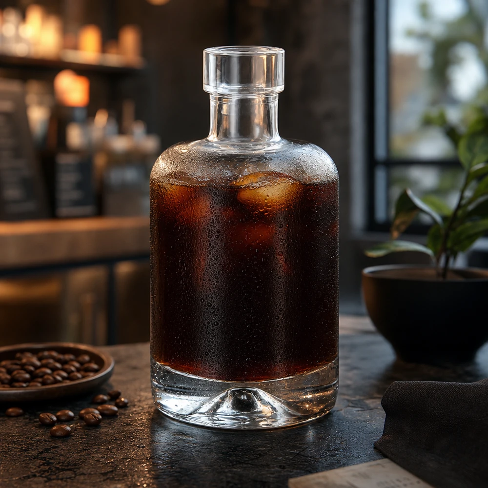 50 ml glasflaske 50ml Glasflasche "Amelie" ohne Verschluss UNiTWIST uden låg UNiTWIST® 50 ml glasflaske Amelie fyldt med koldbrygget kaffe ved siden af kaffebønner viser brug til drinks og spiritus