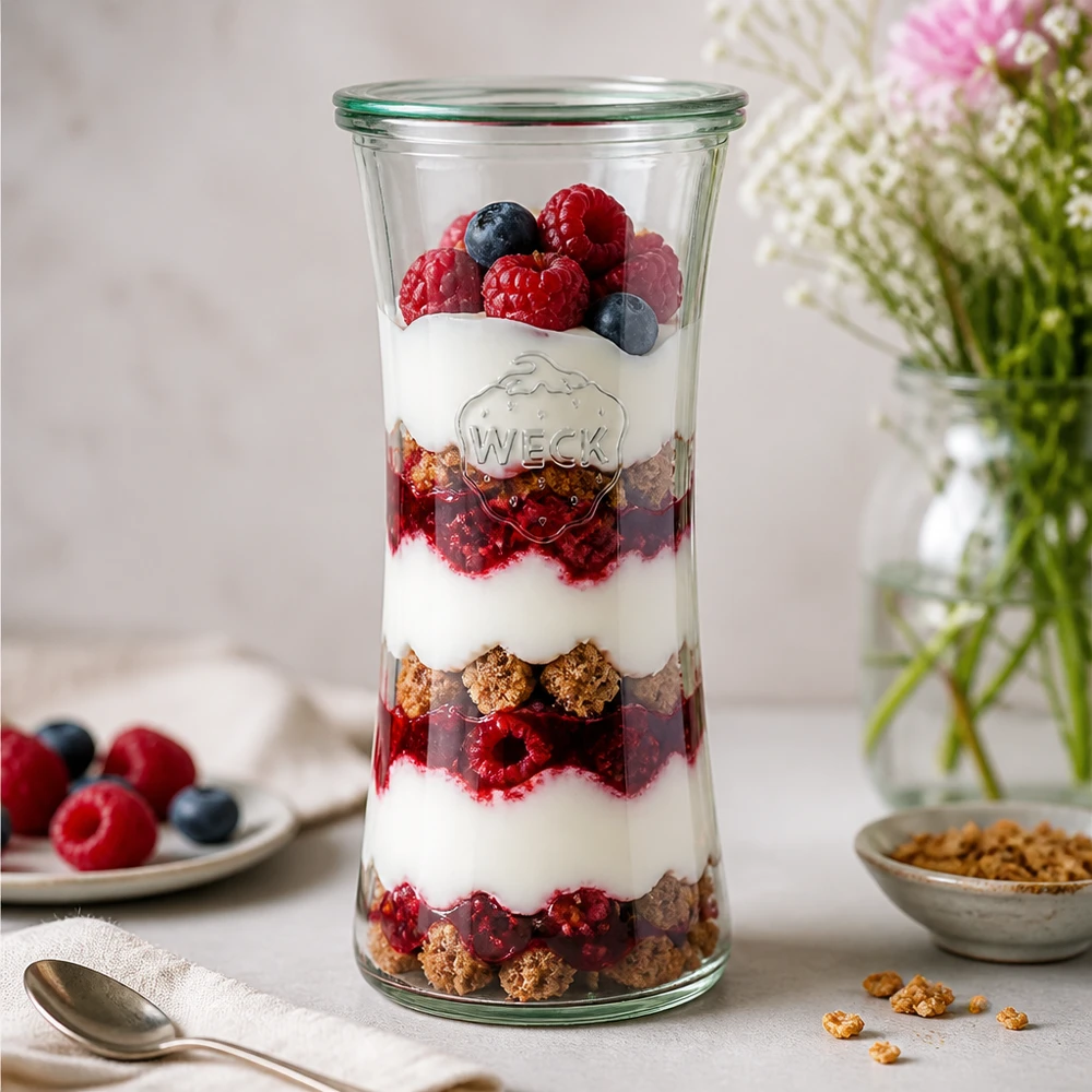 700 ml delikatesseglas med glaslåg WECK RR80 WECK 700ml Delikatessenglas RR80 mit geschichtetem Joghurt-Beeren-Parfait - stylisches Einmachglas für Desserts