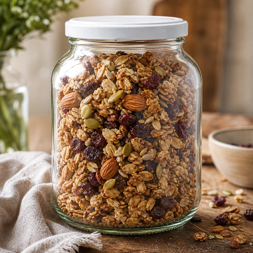 370 ml oval krukke med BasicSeal-låg hvid UNiTWIST 370 ml oval krukke UNiTWIST med hvidt låg fyldt med müsli nødder tørret frugt granola opbevaringskrukke køkken