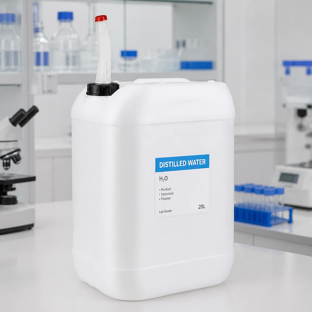Laboratoriebeholder på 25 liter i HDPE med bøjeligt udløbsrør til destilleret vand