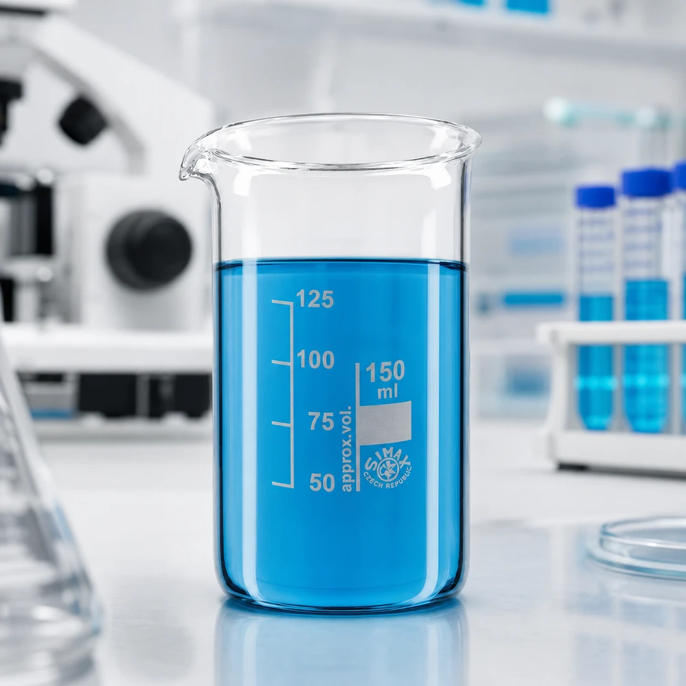 Bægerglas 150 ml borosilikatglas, høj form Laboratorieglas, 150 ml, høj model med blå væske på en hvid arbejdsflade