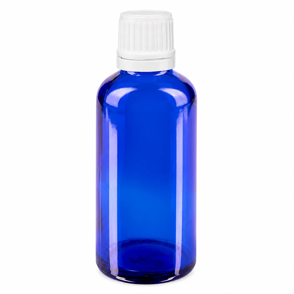 Apoteksflaske blå 50ml dryp v. 1,2 mm hvid OV 50 ml blå apotekerflaske af glas med hvid dråbepropp, 0,7 mm OV