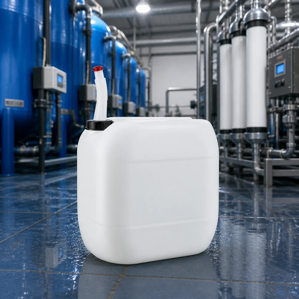 30 liters beholder med Flex-udløbsrør Firkantet 30-liters HDPE-kanister med fleksibel hældetud i et moderne vandrensningsanlæg