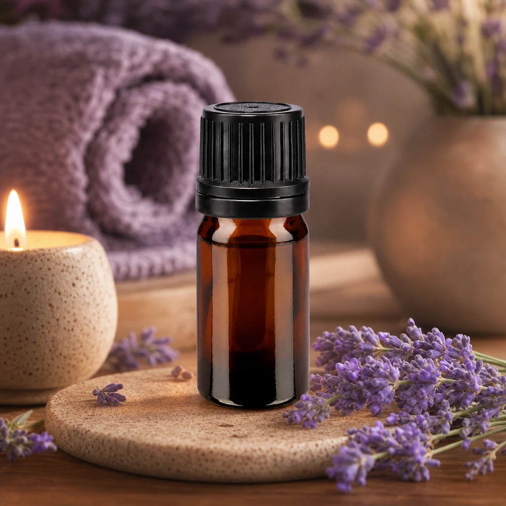 Apoteksflaske brun 5ml skruelåg sort hæld. OV Brun 5 ml apotekerflaske med sort dråbepropp foran lavendelblomster og et stearinlys