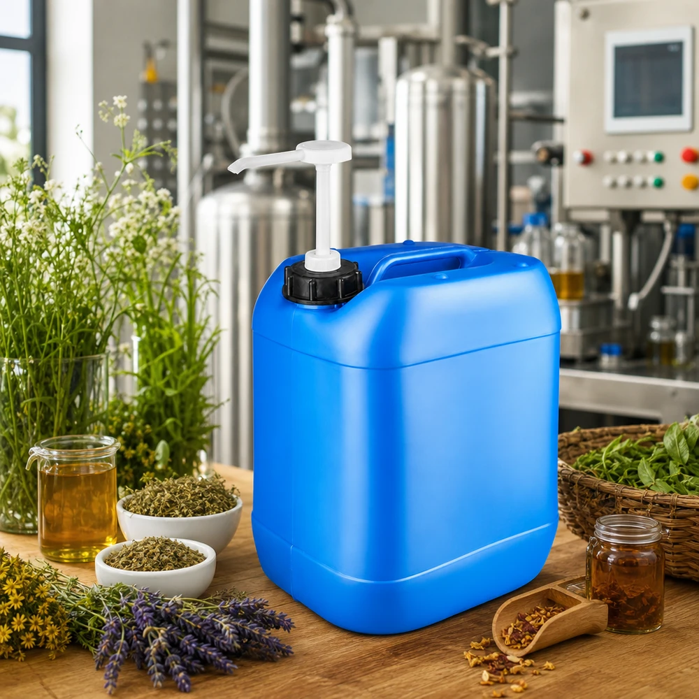 20 liters blå dunk med doseringspumpe Blå 20-liters dunk med doseringspumpe omgivet af urter, lavendel og æteriske olier på et træbord
