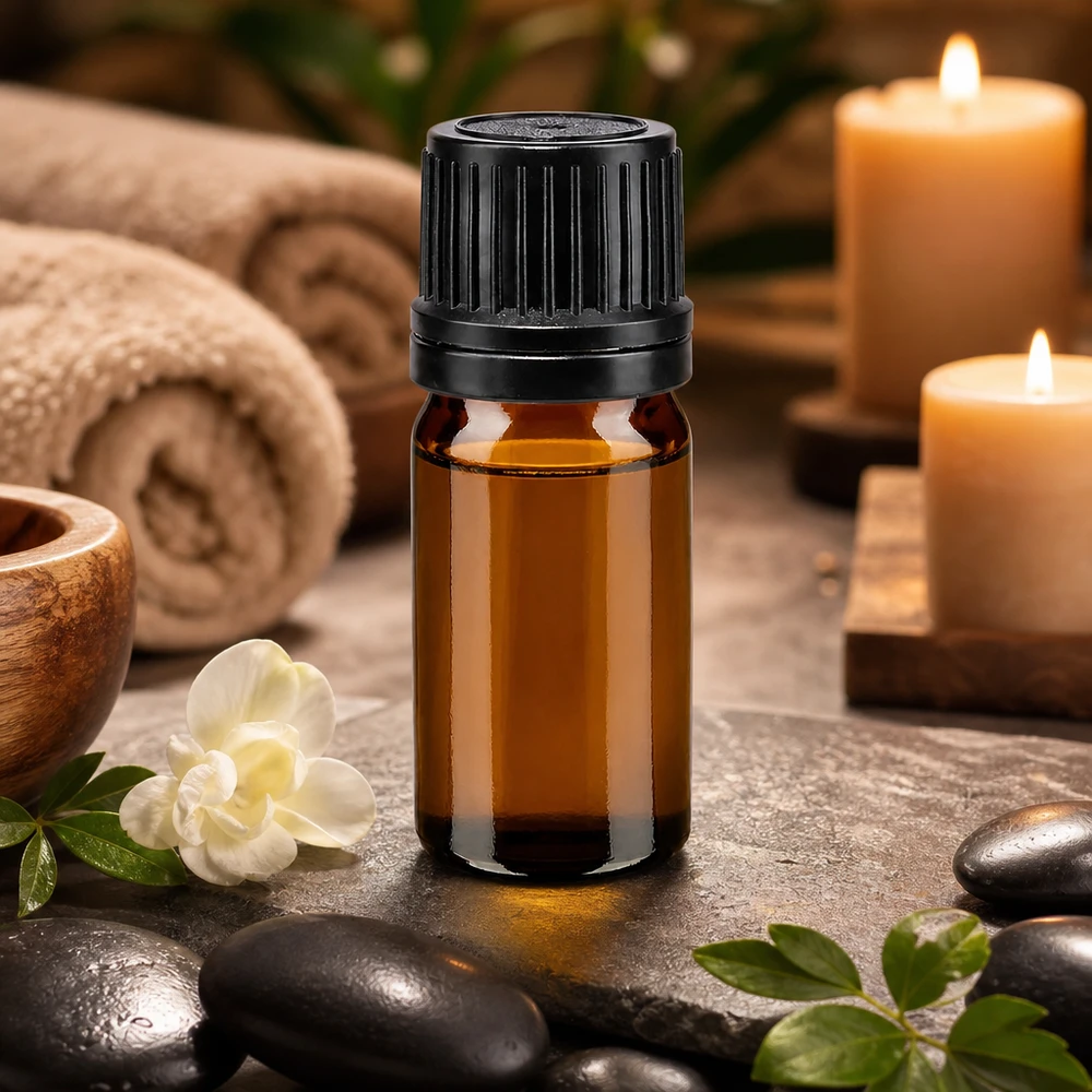 Apoteksflaske brun 5ml skruelåg sort hæld. OV Ravfarvet 5 ml glasflaske med sort OV-lukning på massagesten og en hvid blomst