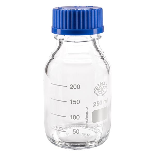 Laboratorieflaske med gevind 250 ml med hætte, borosilikat Laboratorieflaske med gevind 250 ml med hætte, borosilikat