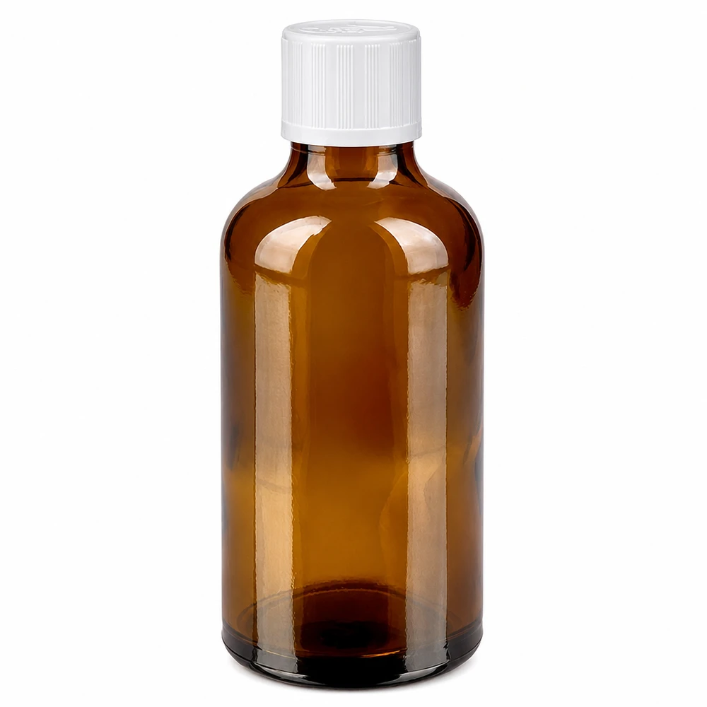 50 ml brun apotekerflaske med hvid børnesikret lukning, fremstillet af brun glas af høj kvalitet