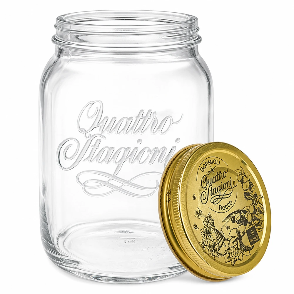 2000 ml rundt glas "Quattro Stagioni" med låg Quattro Stagioni syltekrukke 2 liter med dekorativt guldlåg - italiensk syltekrukke til marmelade og konserves.