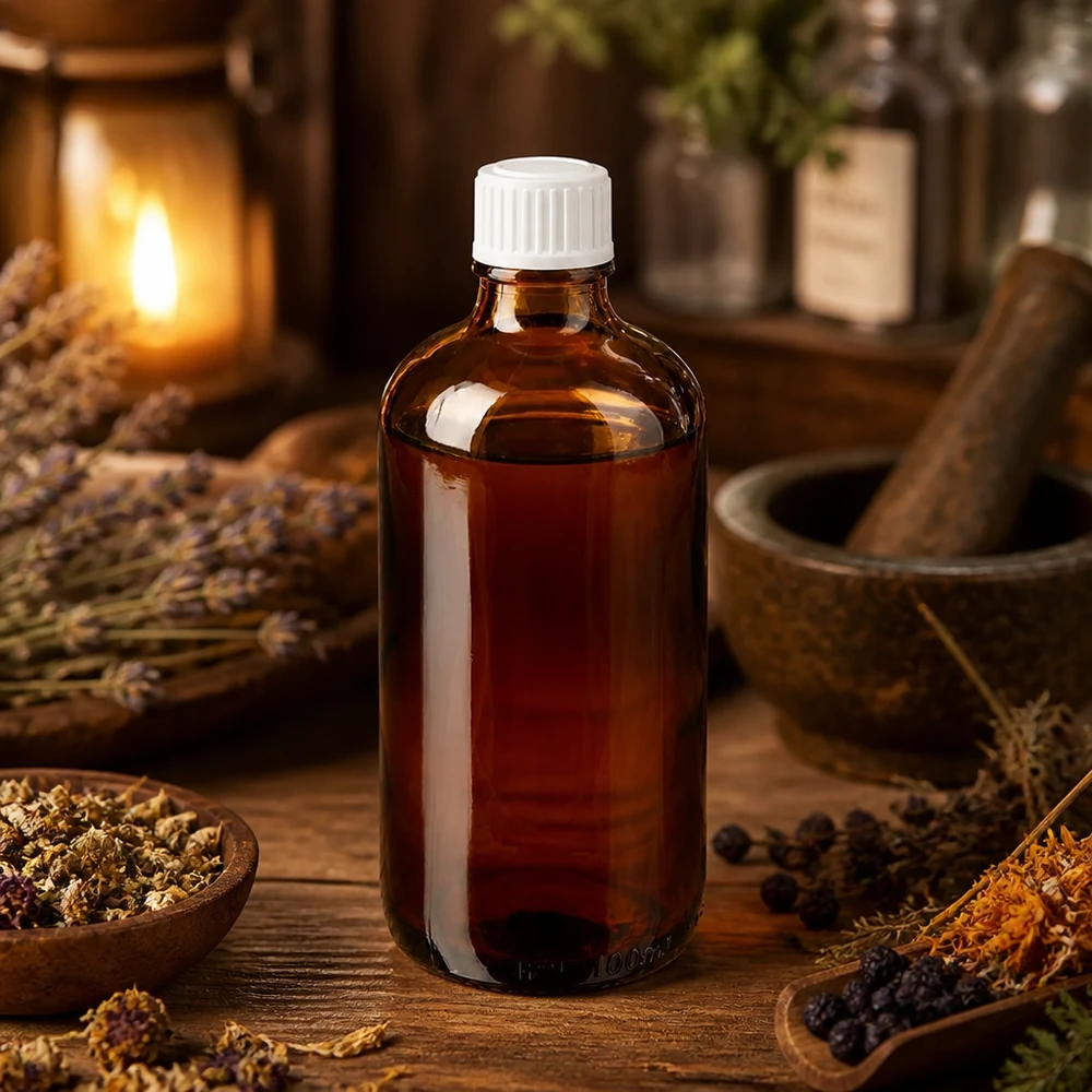 Apoteksflaske brun 100ml dråbetæller hvid 0,8mm stk. Brun glasflaske på 100 ml med hvidt låg, omgivet af urter, lavendel og en morter på et træbord