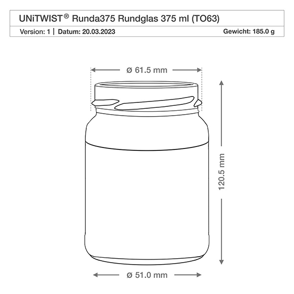 UNiTWIST Runda375 - Rund krukke med en kapacitet på 375 ml TO63 UNiTWIST Runda375 Rundglas 375ml TO63 technische Zeichnung mit Maßangaben Durchmesser 61mm Höhe 120mm Gewicht 185g