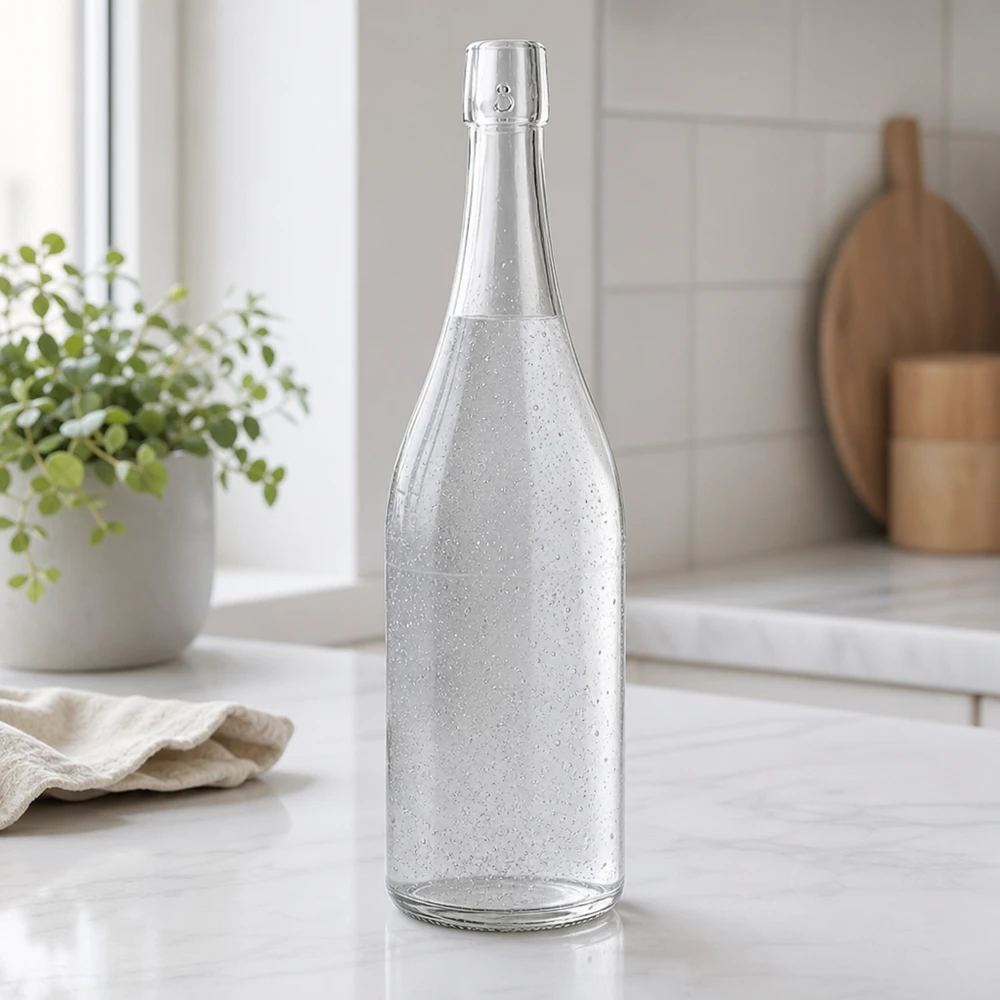 750 ml glasflaske uden skruelåg UNiTWIST 750 ml UNiTWIST-glasflaske fyldt med danskvand moderne køkken med hvid marmorbordplade atmosfære