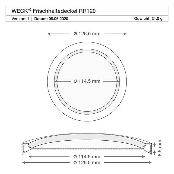 WECK/REX keep-fresh-låg RR120 Teknisk tegning WECK RR120 keep-fresh-låg med målene 126,5 mm ydre diameter 114,5 mm indre diameter